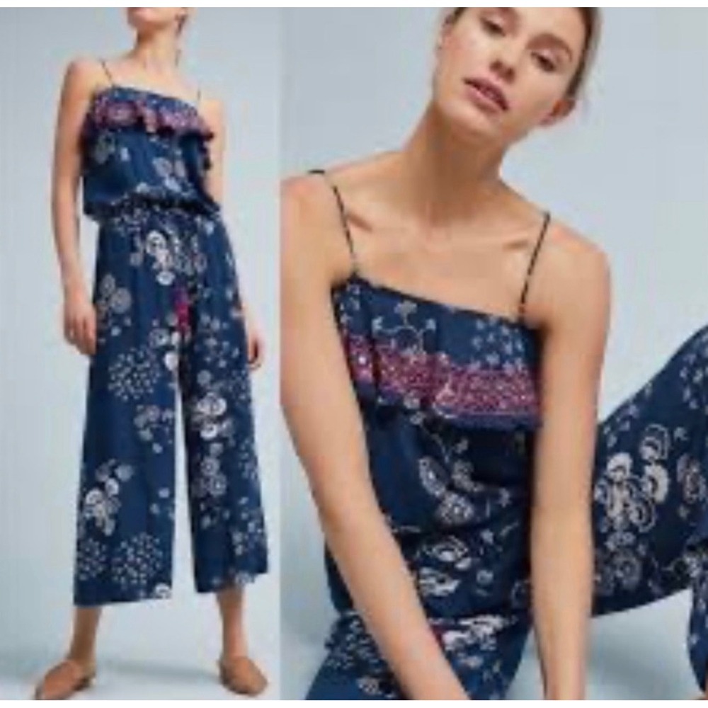 Raga Anthropologie Women Navy Floral Embroidered Wide Leg Jumpsuit Size M Boho